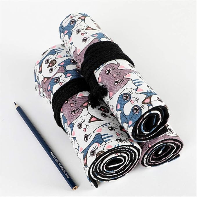 Funny live 24/36/48/72 Slots Colored Pencil Wrap Roll up Pen Holder Case Drawing Coloring Pencil Roll Organizer Stationery Case for Student Artist Traveler (Big-Head Cats, 48 Slots)