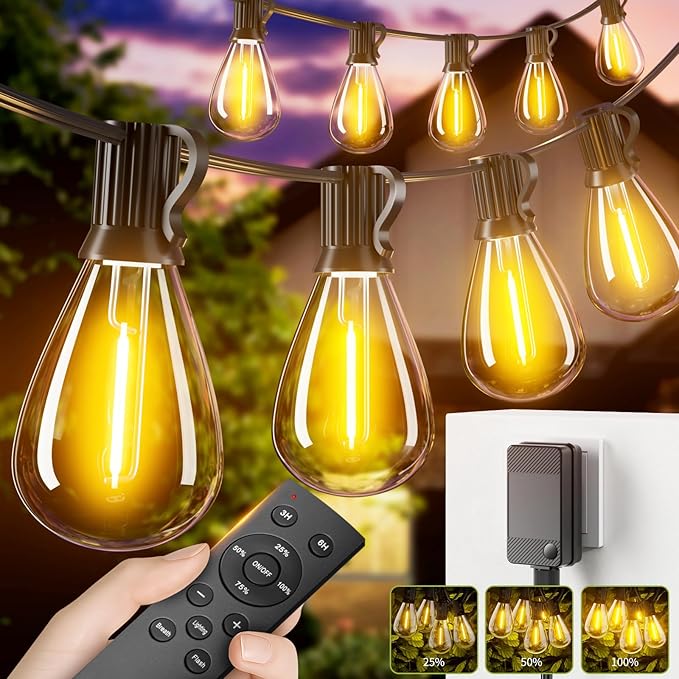 50FT LED Outdoor String Lights with Remote, One Continuous Strand Patio Lights with 18+1 Shatterproof S11 Bulbs, Dimmable 2700K Warm White, Timer & 3 Modes, Low Voltage for Backyard Garden
