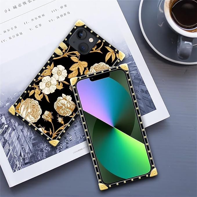 Compatible with iPhone 13 Case, Blooming Rose Golden Flower Luxury Golden Decoration for Girl Women Soft TPU Shockproof Protective Hard PC Back for iPhone 13