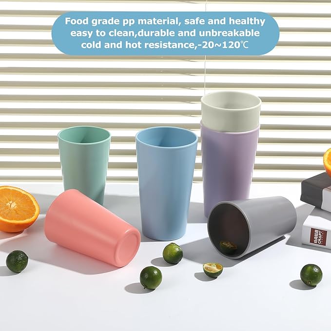 24 Pcs Unbreakable Plastic Cups Set, 14 oz Reusable Plastic Cups, Stackable Water Tumblers, Drinking Cup for Kitchen, Outdoor, BPA-free, Dishwasher Refrigerator and Microwave Safe (14 oz, 6 Colors)