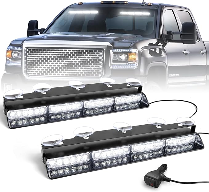 HLauto 6Z4J Emergency Dash Strobe Lights: 2x16.8 inch White Safety Lights, 48 LED Flashing Warning Hazard Interior Windshield Visor Traffic Light Bar for Trucks, Construction Vehicles