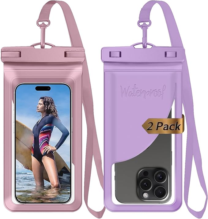 Waterproof Phone Pouch, with Interior Card Pocket, Large Waterproof Phone Case for iPhone 17 16 15 14 Pro Max, IPX8 Lightweight Phone Dry Bag, Beach Cruise Ship Essential,2 Pc-Pink+Purple-8.3″