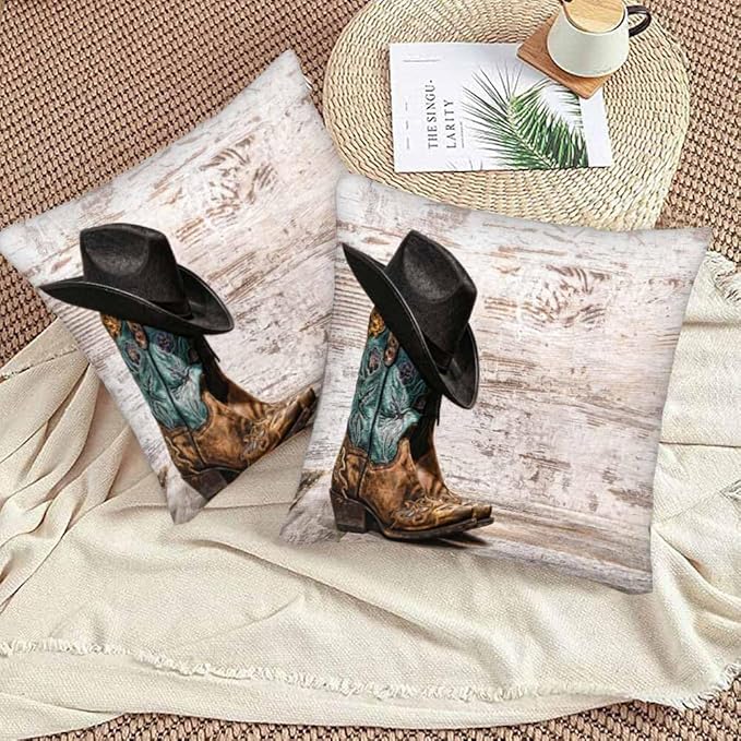 Western Cowboy Embroidered Boots Hat 18x18 Throw Pillow Covers Set of 2 American West Rodeo ATOP Fashion Leather Cushion Pillow Cases Square Outdoor Decorative Home Bed Sofa Couch Office