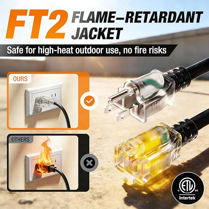 35 FT Outdoor Extension Cord Waterproof, 16/3 Gauge Heavy Duty 3 Prong Power Cord with Lighted Indicator End, 13A 125V 1625W SJTW, ETL Listed, Great for Lawn/Garden/Home(Black)