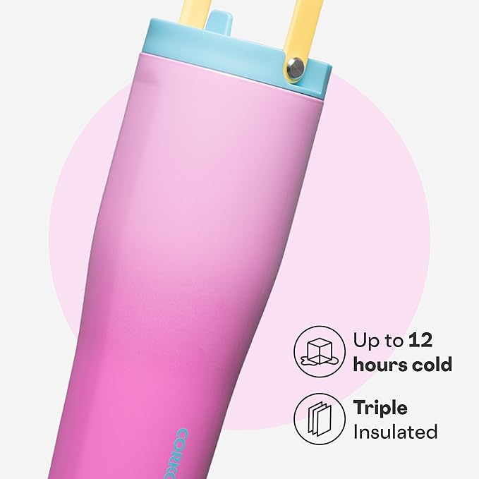 Corkcicle Go Cup XL - Leak-Proof Travel Tumbler - Triple Insulated Stainless Steel Water Bottle - Easy-Carry Handle - Summer Drinkware Gift - Keeps Drinks Ice Cold - 30 oz - Pink Pop
