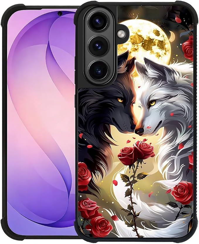 for Samsung Galaxy S26 Case,Graphic Design for Girl Boy Soft Silicone Hard Acrylic Shock Protection Designed for Samsung Galaxy S26 Black White Wolf Moon Flower Rose Pattern