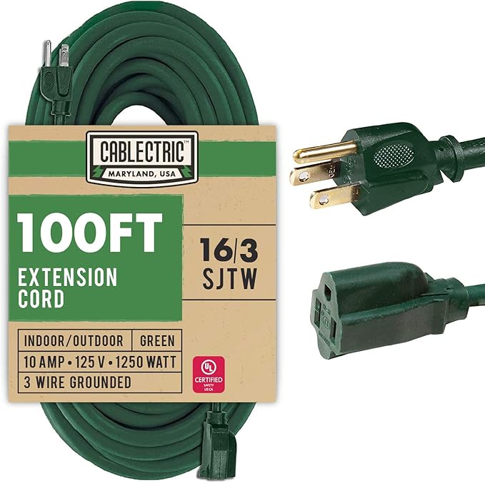 100 Foot Outdoor Extension Cord - 16/3 SJTW Green 16 Gauge Electrical Cable with 3 Prong Grounded Plug