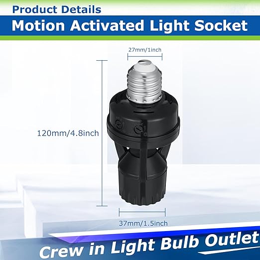 Hortsun 3 Pcs Motion Sensor Light Socket Smart Screw in Light Bulb Outlet Compatible with E26/e27 Automatic on Off Night Light Control for Basement Basement Porch Storage Room, Black
