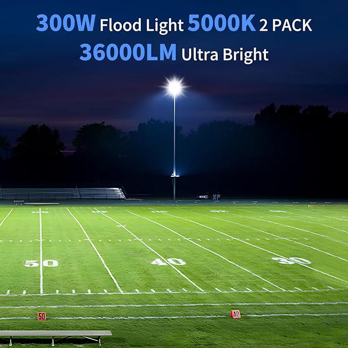 ISUERFY 300W LED Flood Light Outdoor with Plug, 36000LM Ultra Brighter Security Light, IP66 Waterproof Exterior Plug in Floodlight, 5000K Daylight White for Lawn Yard Garden Stadium(2 Pack)