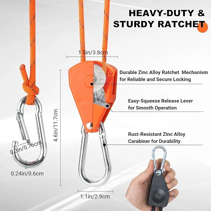 Longer 13ft Rope Ratchet 1/4 inch Straps Tie Down Rope Strap Heavy Duty Reflctive Outdoor Windproof Rope Roller Adjustable Camping Tent Hanger Grow Light Kayak Paracord 2 Pack