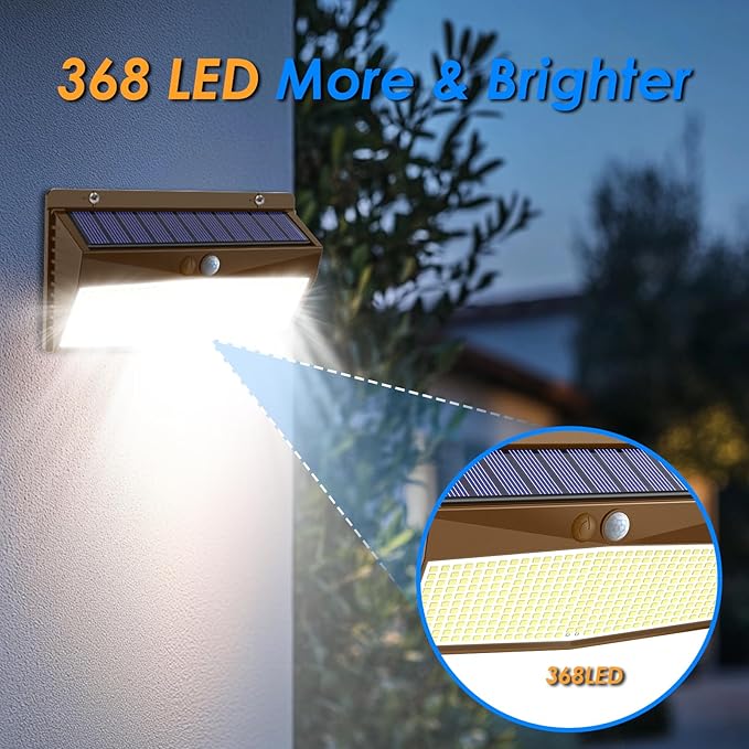 368 LED Solar Lights Outdoor Motion Sensor, Solar Fence Light with 3 Lighting Modes, Solar Powered Security Lights Waterproof for Outside Yard Wall Garden Backyard，Brown