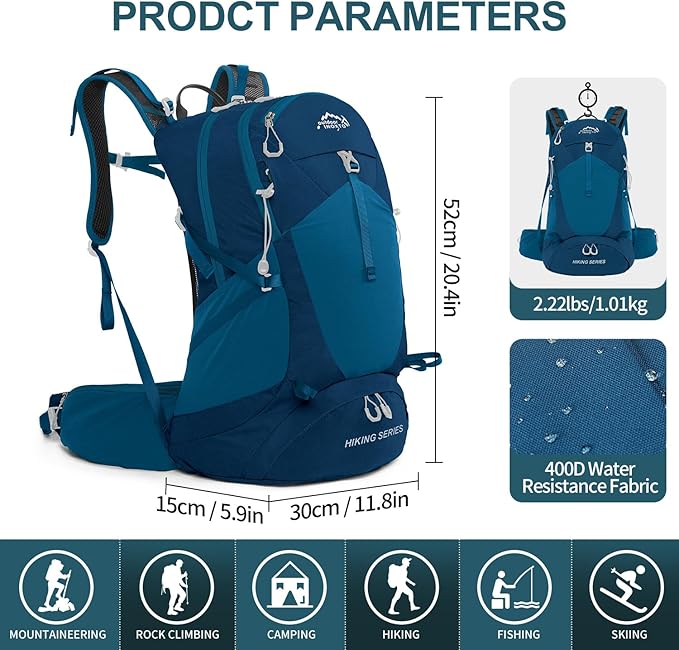 IX INOXTO Hiking Backpack, 26L/40L Waterproof Hiking Daypack with 3L Water Bladder and Rain Cover, Lightweight Travel Camping Backpack for Men Women (Blue)