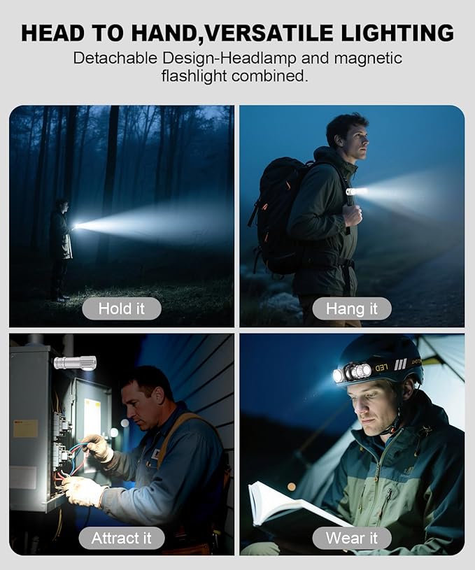 2 in 1 Detachable Flashlight & Headband, LED Rechargeable Headlamp for Adults - Hard Hat Light Running Head Lamp with Red Light, Magnet, 180° Tilt, 7 Modes, Outdoor, Emergency 1PC