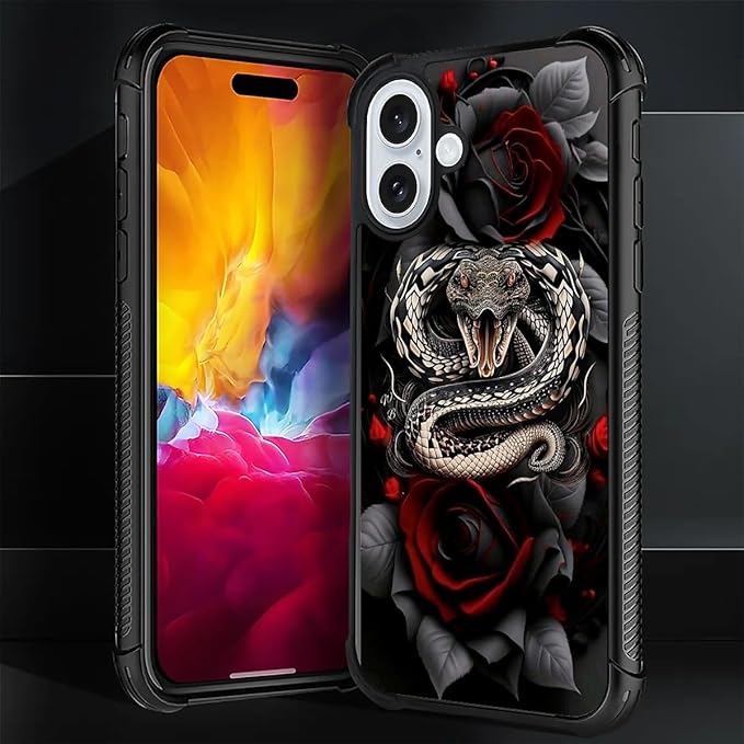 for iPhone 16 Case, Entwined Rose Snake Pattern Graphic Design Girl Boy Soft Silicone Hard Acrylic Shock Protection for iPhone 16