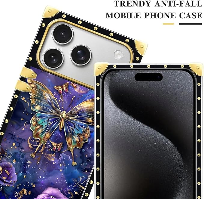 for iPhone 17 Pro Max Case Luxury Golden Decoration for Girl Women Soft TPU Shockproof Protective Hard PC Back Crazy Pattern Glistening Golden Butterfly Vibrant Purple Blue