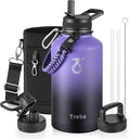 Trebo Water Bottle 64oz with Paracord Handle, Half Gallon Large Vacuum Triple Wall Stainless Steel Insulated Water Jug with Holder Strap Straw Spout Lids, Leakproof Keep Cold & Hot,Dark Purple