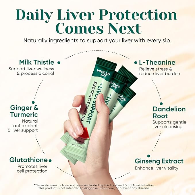 Venture Pal Hydration Packets + Liver Support- Liquid Daily IV Electrolyte Powder Packets with 7 Electrolytes & 5 Vitamins, Milk Thistle + L-Theanine | Sugar-Free | Keto Friendly | Vegan, 16 Sticks