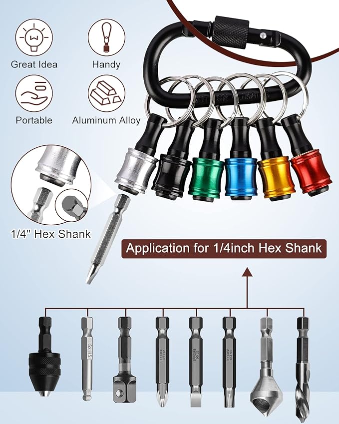 katerk 6pcs 1/4 inch Hex Shank Aluminum Alloy Screwdriver Bits Holder 8 Sets, Light-weight Quick-change Extension Bar Keychain Drill Screw Adapter Change Portable（6 Colors With Black Carabiner)