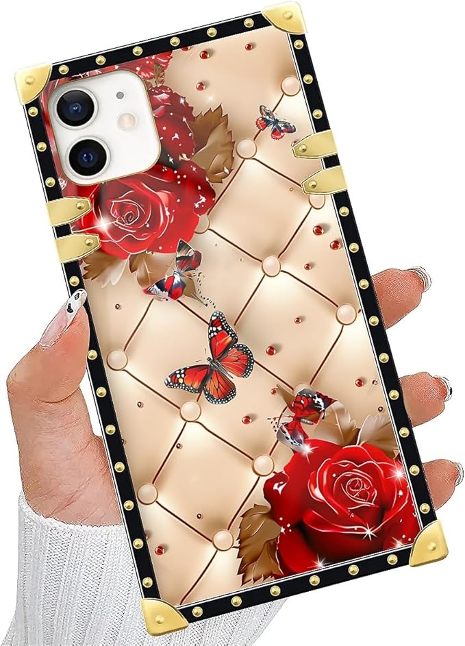 Compatible with iPhone 11 Case, Shining Red Rose Butterfly Leather Background Luxury Golden Decoration for Girl Women Soft TPU Shockproof Protective Hard PC Back for iPhone 11