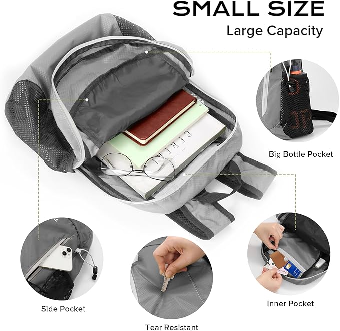 VPBAGE 15L Water-resistant Hiking Daypack, Small Backpack Travel Outdoor, Lightweight Day Pack with Tool Loops