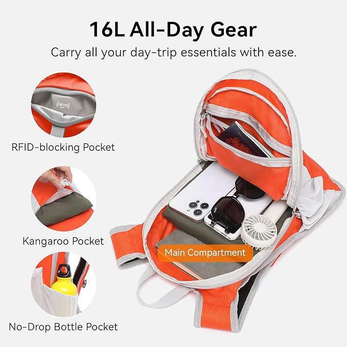 16L Small Hiking Backpack, CROSSGEAR Lightweight Waterproof Foldable Backpack, Travel Camping Outdoor Daypack for Women Men, Orange