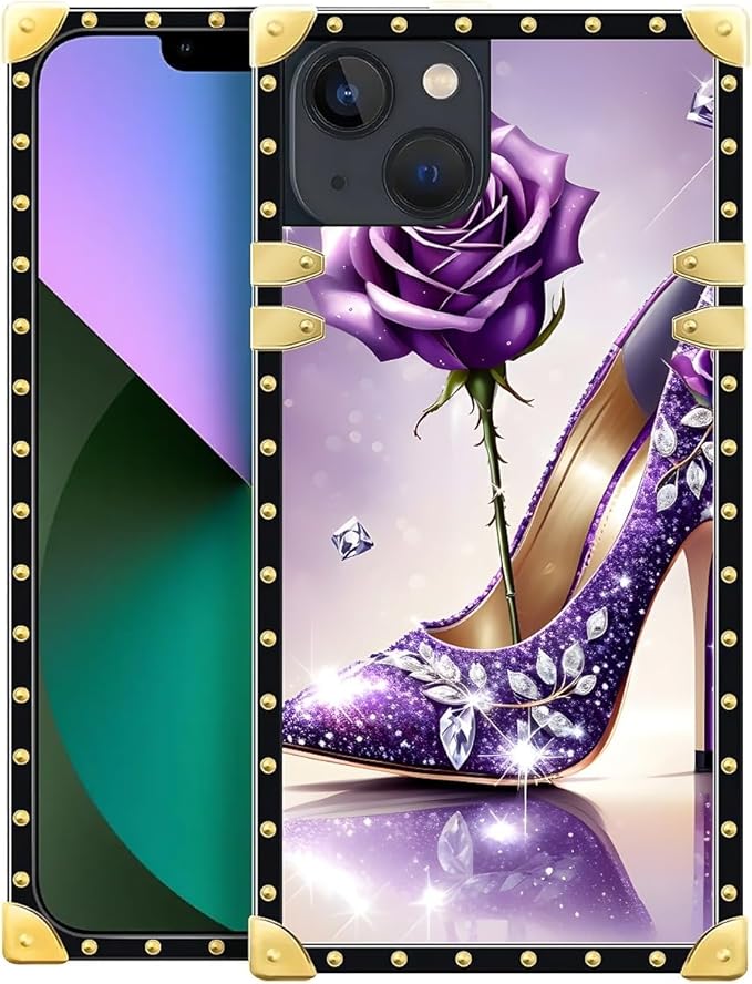 Compatible with iPhone 13 Case, High Heeled Purple Diamond Rose Luxury Golden Decoration for Girl Women Soft TPU Shockproof Protective Hard PC Back for iPhone 13
