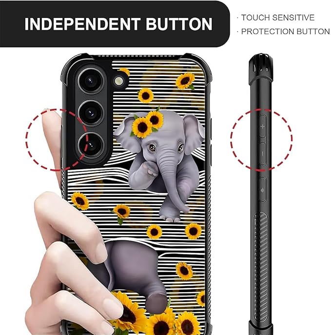 for Samsung Galaxy S23 Case, Cute Little Elephant Sunflower White Line Art Pattern Graphic Design Girl Boy Soft Silicone Hard Acrylic Shock Protection for Samsung Galaxy S23