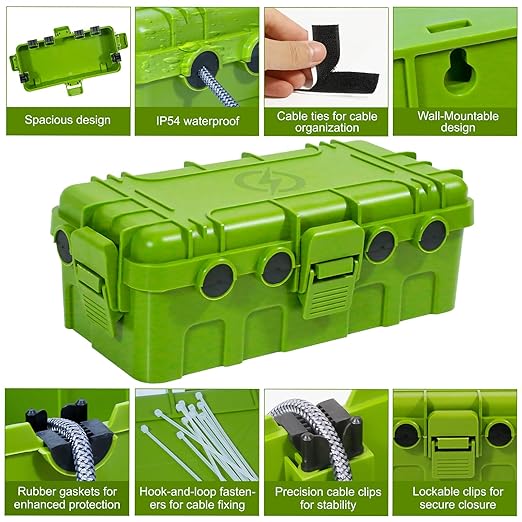 [2 Pack] Outdoor Electrical Box Waterproof, OUTDSPLY Medium Outdoor Electrical Box (11.6x5.2x4.1 inch)w/ 6 Cable Entry, Weatherproof Connection Box for Power Strip, Plug, Timer, Holiday Lights, Green