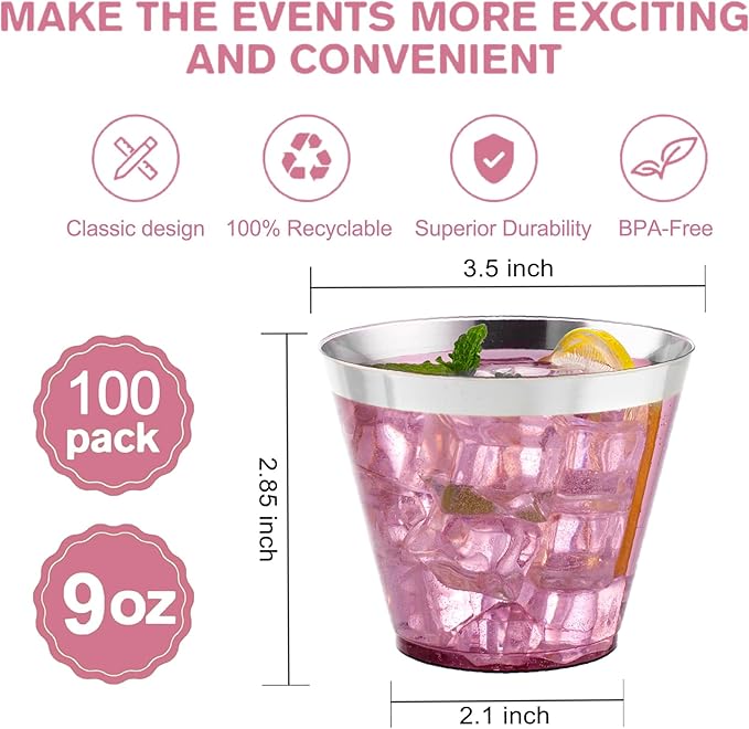 I00000 100PCS Silver Plastic Cups,9 oz Clear Plastic Cups with Silver Trim, Heavy-Duty Disposable Hard Cup For Party, Premium Cup Perfect for Wedding & Party