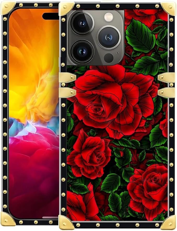 Compatible with iPhone 15 Pro Case, Vector Red Rose Green Leaf Luxury Golden Decoration for Girl Women Soft TPU Shockproof Protective Hard PC Back for iPhone 15 Pro