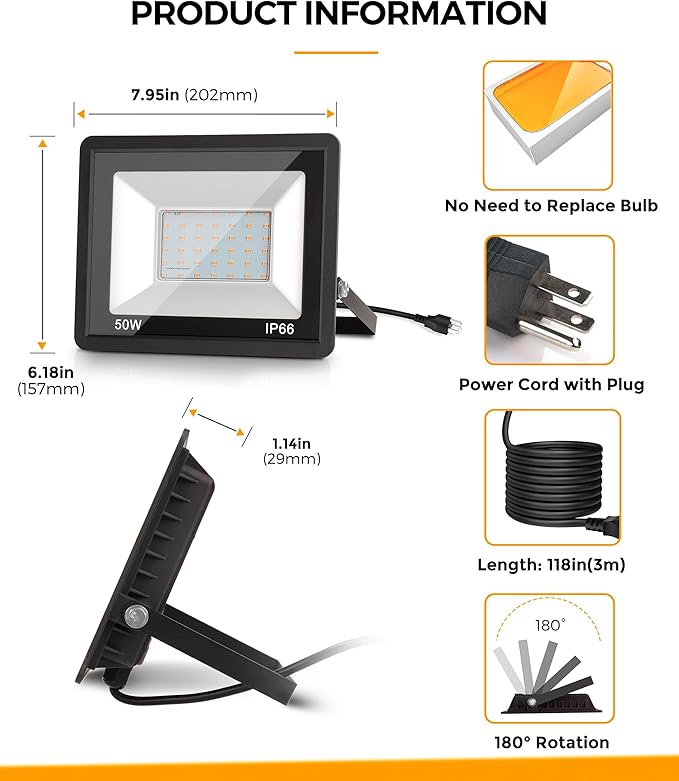 L LOHAS LED Orange and Purple Christmas Halloween Flood Light Outdoor, 2 Pack 𝑨𝒖𝒕𝒐 𝑶𝑵/𝑶𝑭𝑭 50W Plug in Flood Light, IP66 Waterproof, 2300lm Outdoor Flood Lights for Yard, Party, UL Listed