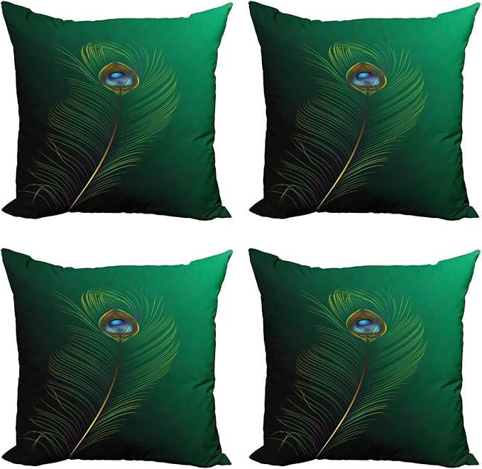 Ambesonne Peacock Decorative Throw Pillow Case Pack of 4, Peacock Feather Illustration in Simplistic Style Wild Nature Life Print, Cushion Cover for Couch Living Room Car, 16", Green Blue