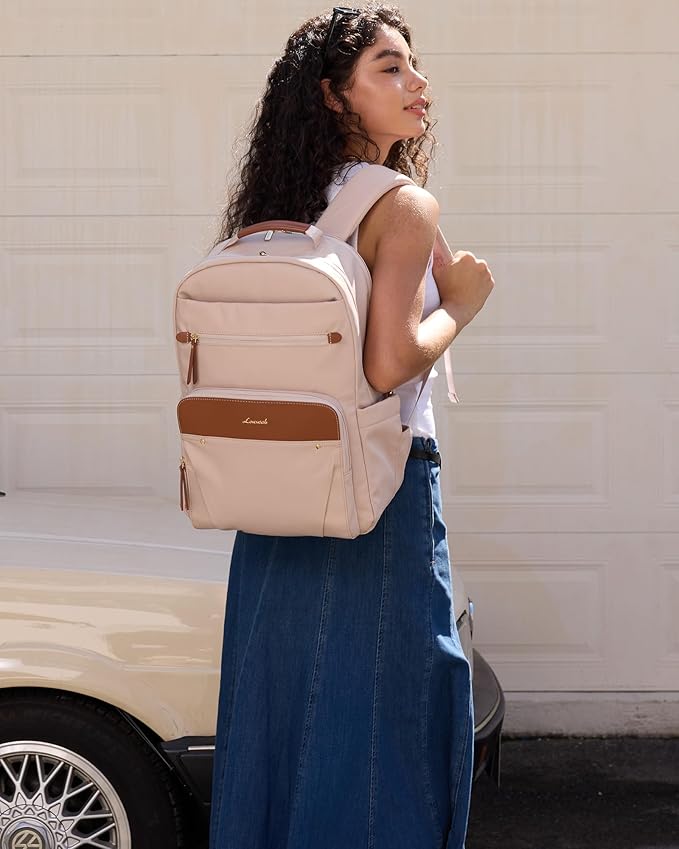 LOVEVOOK Laptop Backpack for Women with Leather Trim & Tumbler Pockets, 17.3" Work Backpack Purse, Travel Personal Item Bag, Carry On Business Computer Bag for Office, School, or Gift, Soft Taupe