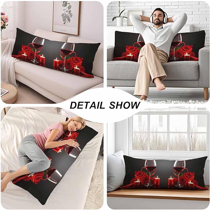 Decorative Home Body Pillow Covers Wine, Red Wine Rose Breathable Pillow Cushion Cases Lumbar Body Pillow Cover Soft Body Pillowcase for Bedroom Couch Sofa 20x54 Inch