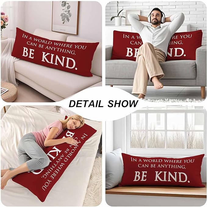 Inspirational Quotes Body Pillows Covers for Adults, Be Kind Large Body Pillow Covers Lumbar Body Pillow Case 20"X54" Body Pillowcase Cushion Cover for Home Bedroom Office Hotel, Red