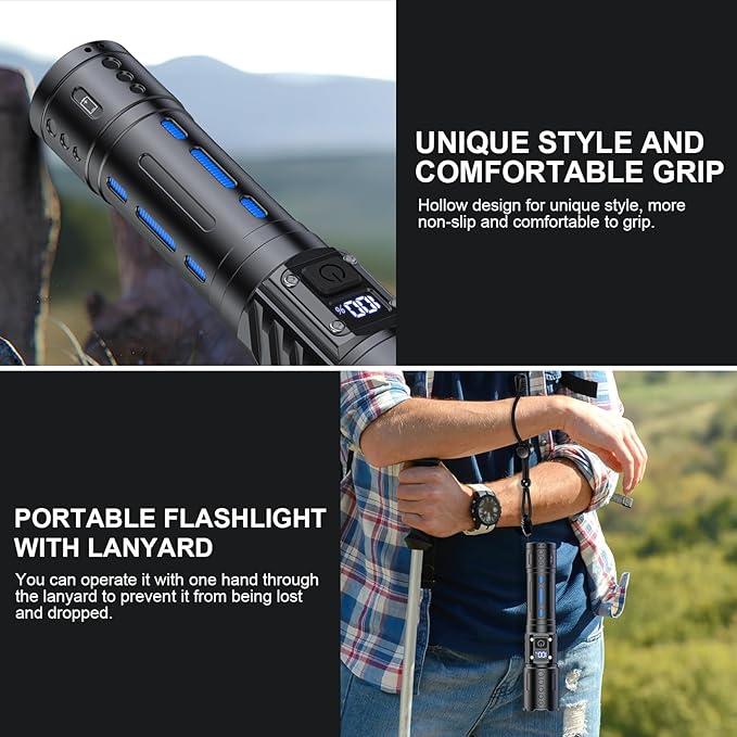 Banral Flashlights High Lumens Rechargeable - Super Bright Tactical LED Flash Light, Dimmable&Memory Function Powerful Waterproof Flashlight for Camping,6 Modes,Zoomable,LCD Display (2, Black)