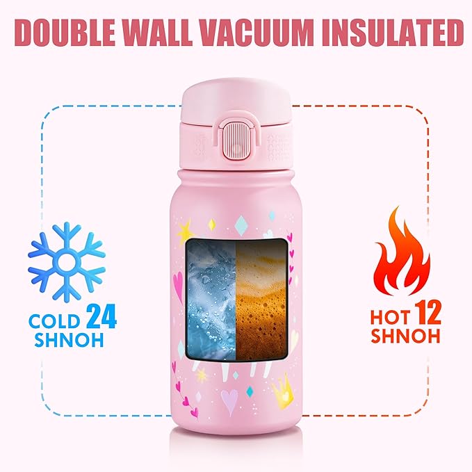 OLDLEY 12oz Kids Water Bottle, Stainless Steel Insulated Water Bottle For Kids, With Straws Leak-proof, Kids Water Bottles For School Boys Girls,Unicorn