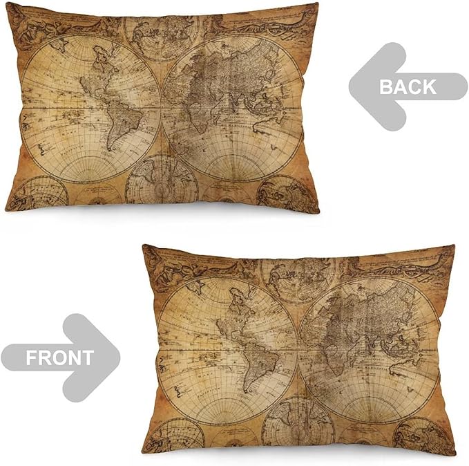 Vintage World Map Throw Pillow Covers Set of 2 Queen Size Old Paper Nostalgic Historical Pillow Cushion Cases Retro Style Standard Pillow Cases Decorative Pillowcase 20X30 Inch for Sofa Bed