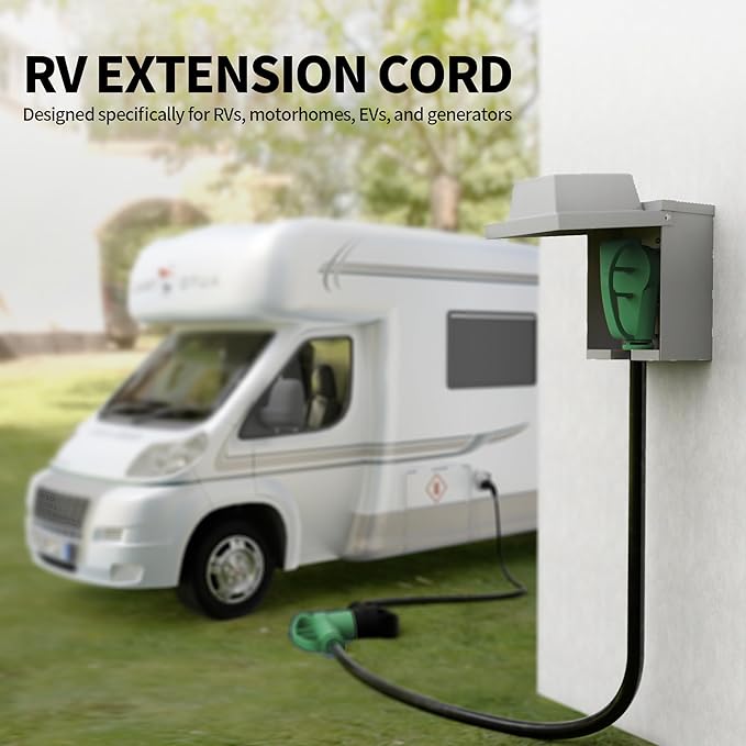 POWGRN 30 Amp RV Extension Cord 100 FT Outdoor with Grip Handle, Flexible Heavy Duty 10/3 Gauge STW 3 Prong RV Power Cord Waterproof, NEMA TT-30P to TT-30R, Black-Green, ETL Listed.