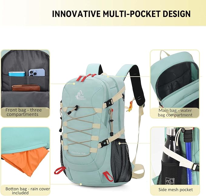 Bseash 40L Waterproof Hiking Backpack with Rain Cover, Outdoor Sport Travel Bag Daypack for Camping Climbing Skiing Cycling (Greenish-blue)