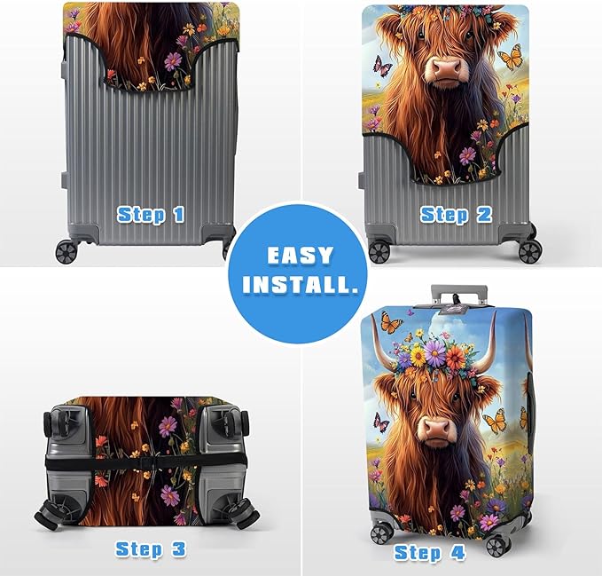 Luggage Cover Protector for 19-20 Inch Suitcases, TSA Approved Elastic Travel Suitcase Covers, Anti-Scratch Washable Luggage Sleeve for Carry On & Checked Bags, Cute Highland Cow