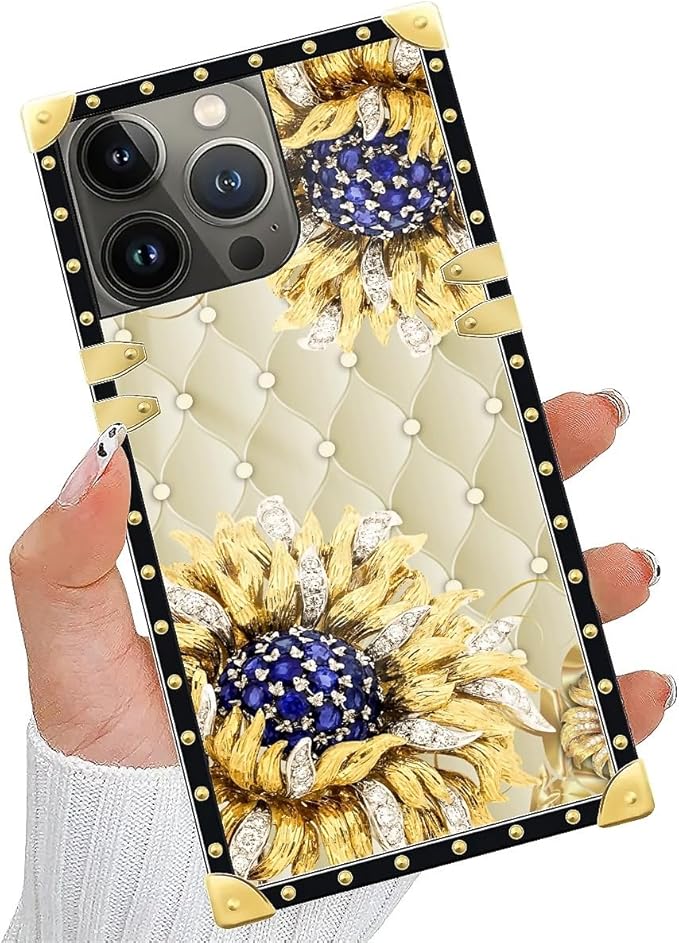 Compatible with iPhone 15 Pro Max Case, Sunflower Diamonds Leather Luxury Golden Decoration for Girl Women Soft TPU Shockproof Protective Hard PC Back for iPhone 15 Pro Max