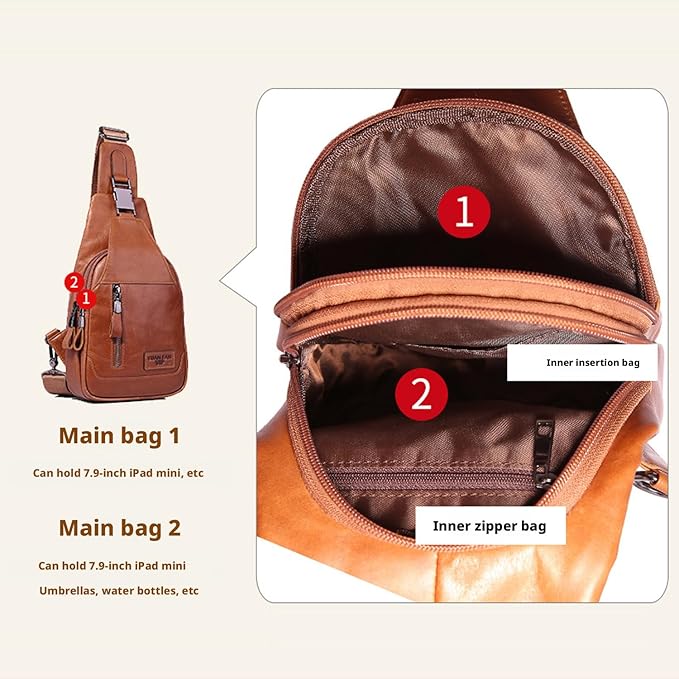 Hebetag Leather Sling Bag Hiking Daypack for Men Women Outdoor Travel Camping Fishing Crossbody Shoulder Chest Pack Daypack Small Brown