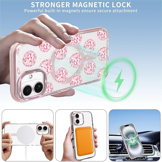 Case for iPhone 16 Plus,[Compatible with MagSafe],Disco Balls Pink Phone Case Design，for Women Girls Magnetic Clear Cover - Slim, Sleek, & Shockproof Protection