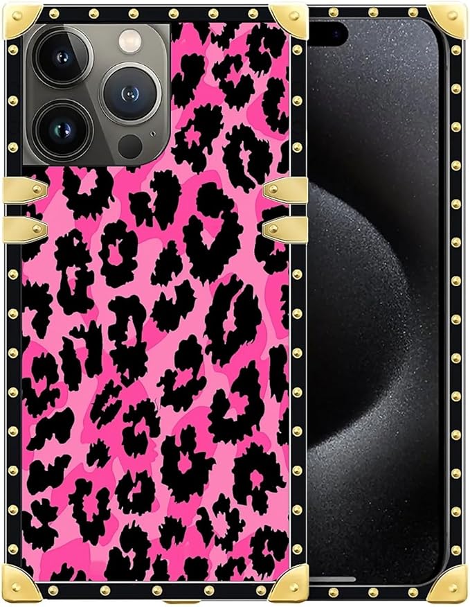 Compatible with iPhone 16 Pro Case, Pink Black Leopard Luxury Golden Decoration for Girl Women Soft TPU Shockproof Protective Hard PC Back