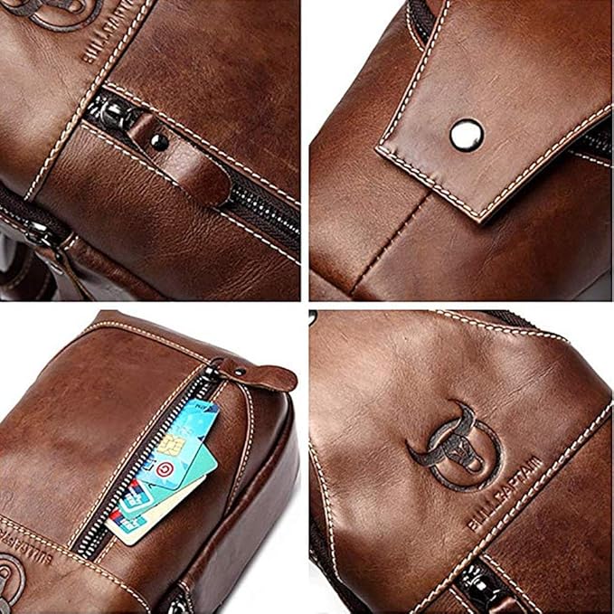 Hebetag Leather Sling Bag Backpack for Men Women Travel Outdoor Sports Camping Casual Crossbody Shoulder Chest Day Pack Backpacks Brown