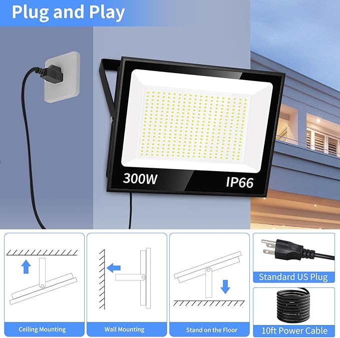 ISUERFY 300W LED Flood Light Outdoor with Plug, 36000LM Ultra Brighter Security Light, IP66 Waterproof Exterior Plug in Floodlight, 5000K Daylight White for Lawn Yard Garden Stadium(2 Pack)