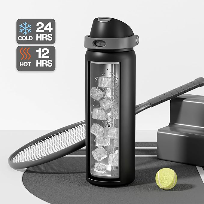 POWCAN 32 oz Stainless Steel Water Bottle for Sports: One-hand Push Button Lid, Leakproof, Keep Cold 24Hrs, Stainless Steel Cup with Straw for Camping, Outdoors, Workout, Travel (Midnight Black)