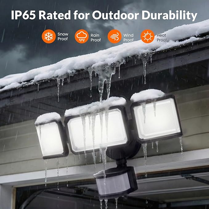 LEPOWER-TEC Zero Blind Spots Outdoor Security Light with 240° & 100ft Dual PIR Motion Sensor, 7000LM Adjustable Flood Light Brightness for Garage Driveway, Dusk to Dawn, IP65, Easy Hardwired Install