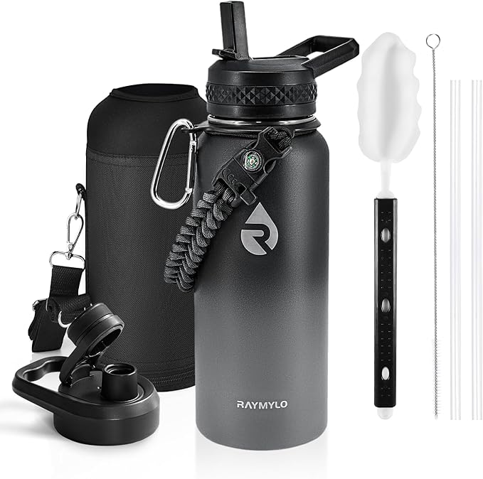 RAYMYLO Insulated Water Bottle 32 oz, Triple Wall Vacuum Stainless Steel (Cold for 24Hrs, Hot for 12Hrs), Leak Proof & Non-BPA, Modern Water Flask Jug with Paracord Handle & Straw Spout Lids